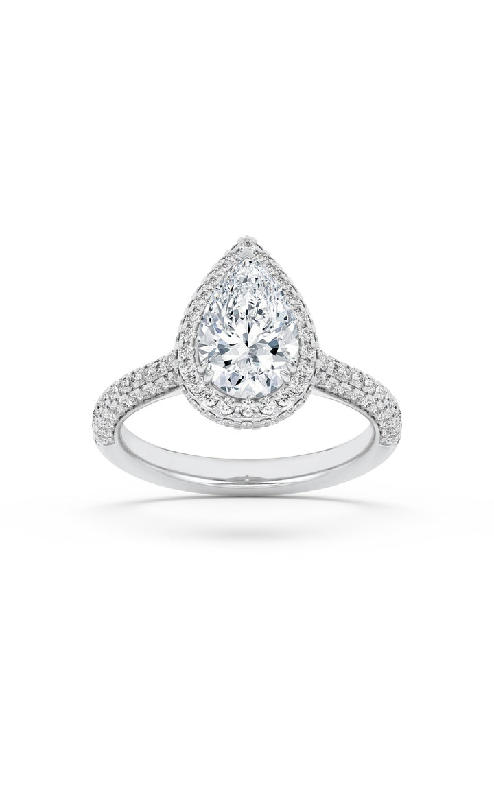 3Cttw Pear Shaped Lab Grown Diamond (F/VS) Halo Accented Engagement Ring in 14K Gold