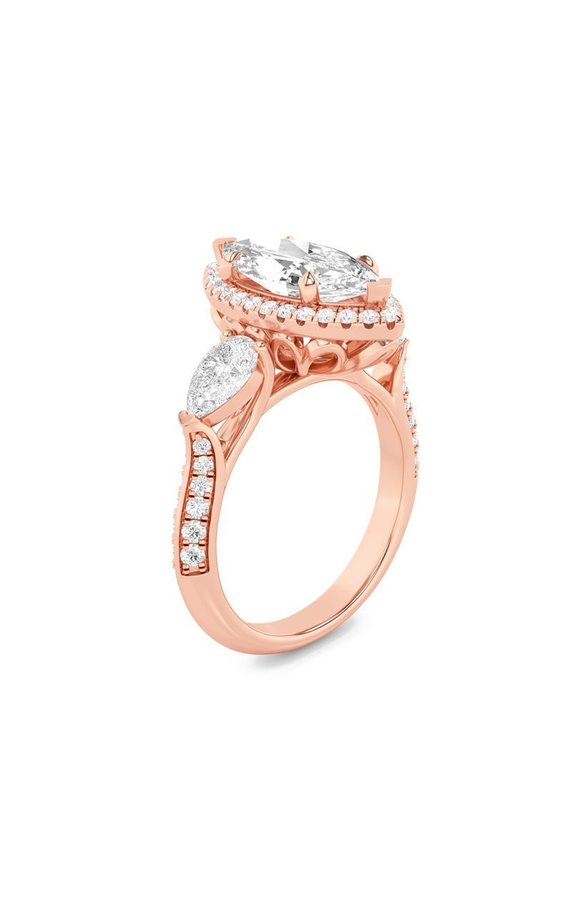 3CTW Marquise Shaped Lab Grown Diamond (F/VS) Three Stone Halo Enagement Ring in 14K Gold