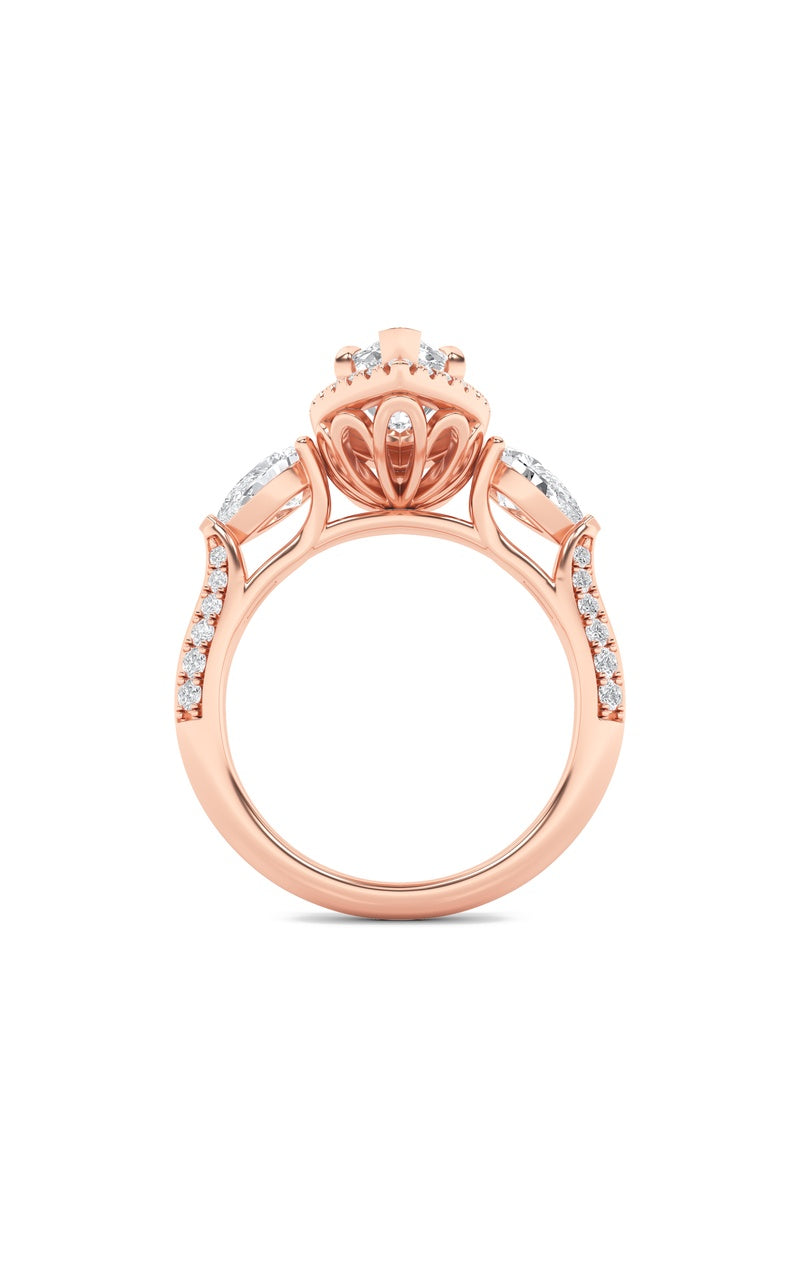 3Cttw Marquise Shaped Lab Grown Diamond (F/VS) Three Stone Halo Enagement Ring in 14K Gold
