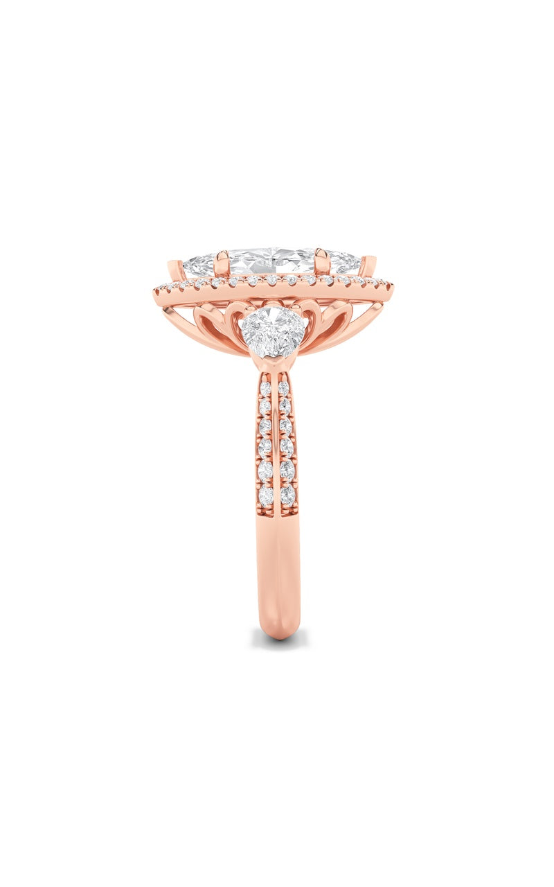 3CTW Marquise Shaped Lab Grown Diamond (F/VS) Three Stone Halo Enagement Ring in 14K Gold