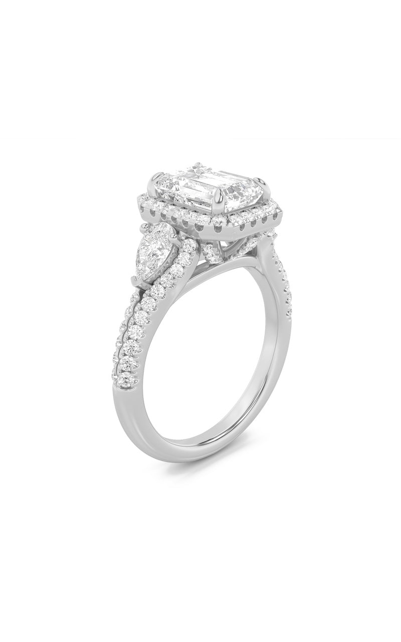 3Cttw Emerald Shaped Lab Grown Diamond (F/VS) Three Stone Bold Accented Engagement Ring in 14K Gold