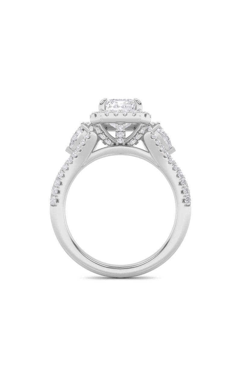 3CTW Emerald Shaped Lab Grown Diamond (F/VS) Three Stone Bold Accented Engagement Ring in 14K Gold