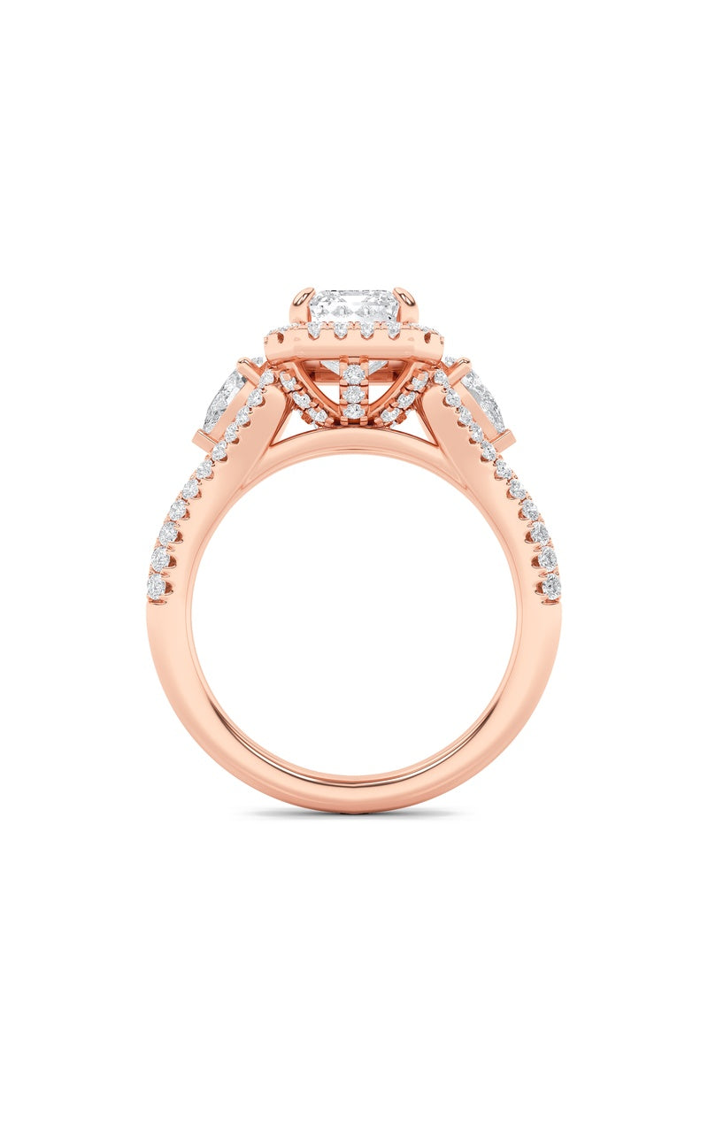 3Cttw Emerald Shaped Lab Grown Diamond (F/VS) Three Stone Bold Accented Engagement Ring in 14K Gold