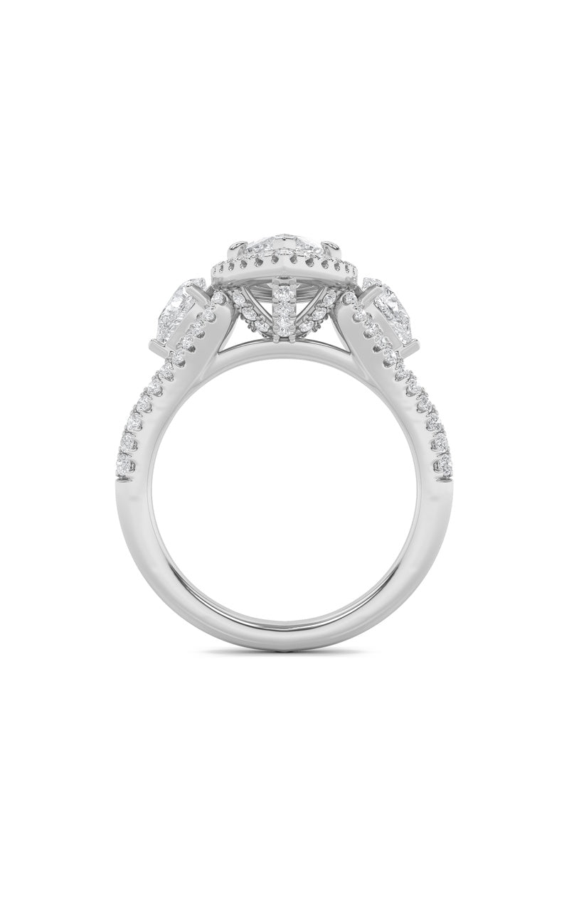 3Cttw Marquise Shaped Lab Grown Diamond (F/VS) Three Stone Bold Accented Engagement Ring in 14K Gold
