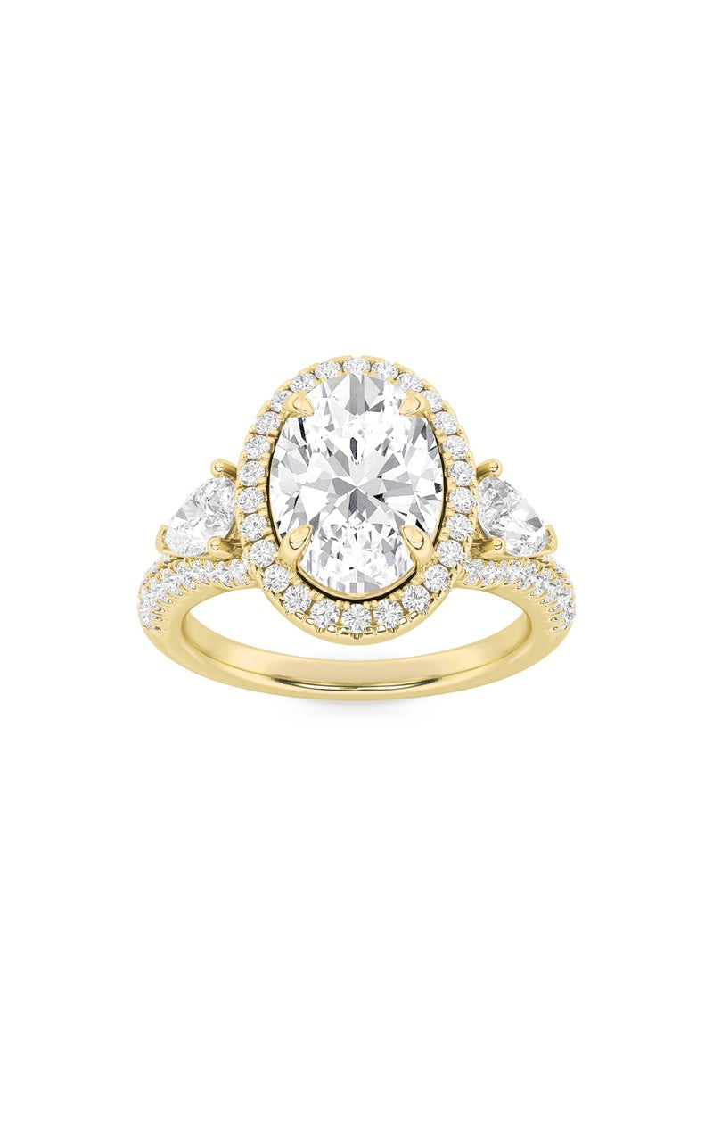 3CTW Oval Shaped Lab Grown Diamond (F/VS) Three Stone Bold Accented Engagement Ring in 14K Gold, 14K Yellow Gold