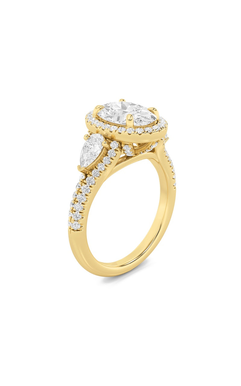 3CTW Oval Shaped Lab Grown Diamond (F/VS) Three Stone Bold Accented Engagement Ring in 14K Gold