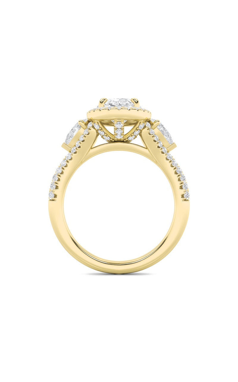 3Cttw Oval Shaped Lab Grown Diamond (F/VS) Three Stone Bold Accented Engagement Ring in 14K Gold