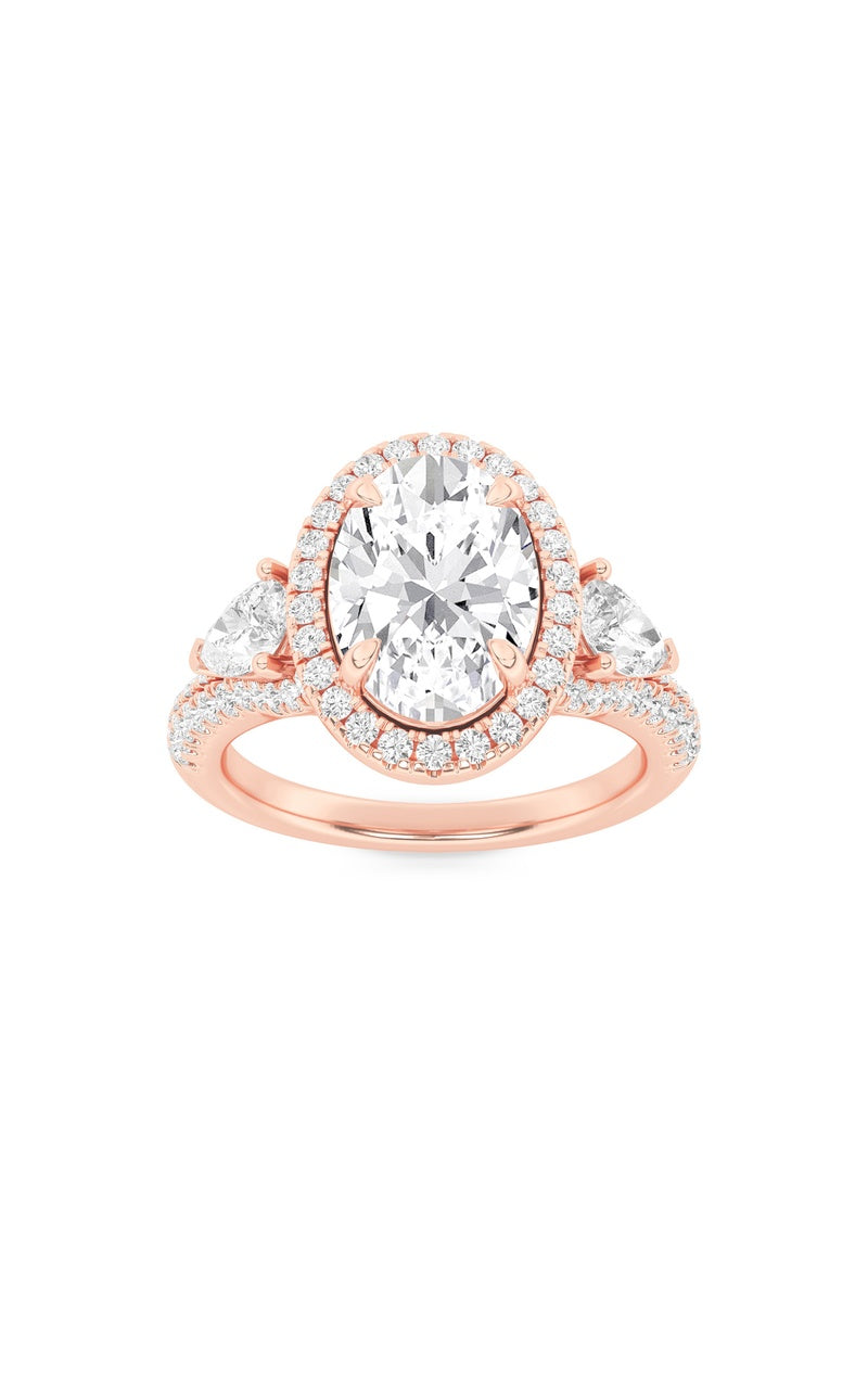 3Cttw Oval Shaped Lab Grown Diamond (F/VS) Three Stone Bold Accented Engagement Ring in 14K Gold