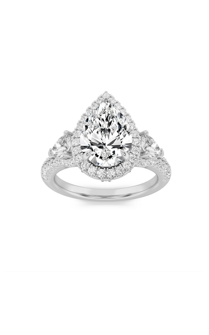 3CTW Pear Shaped Lab Grown Diamond (F/VS) Three Stone Bold Accented Engagement Ring in 14K Gold