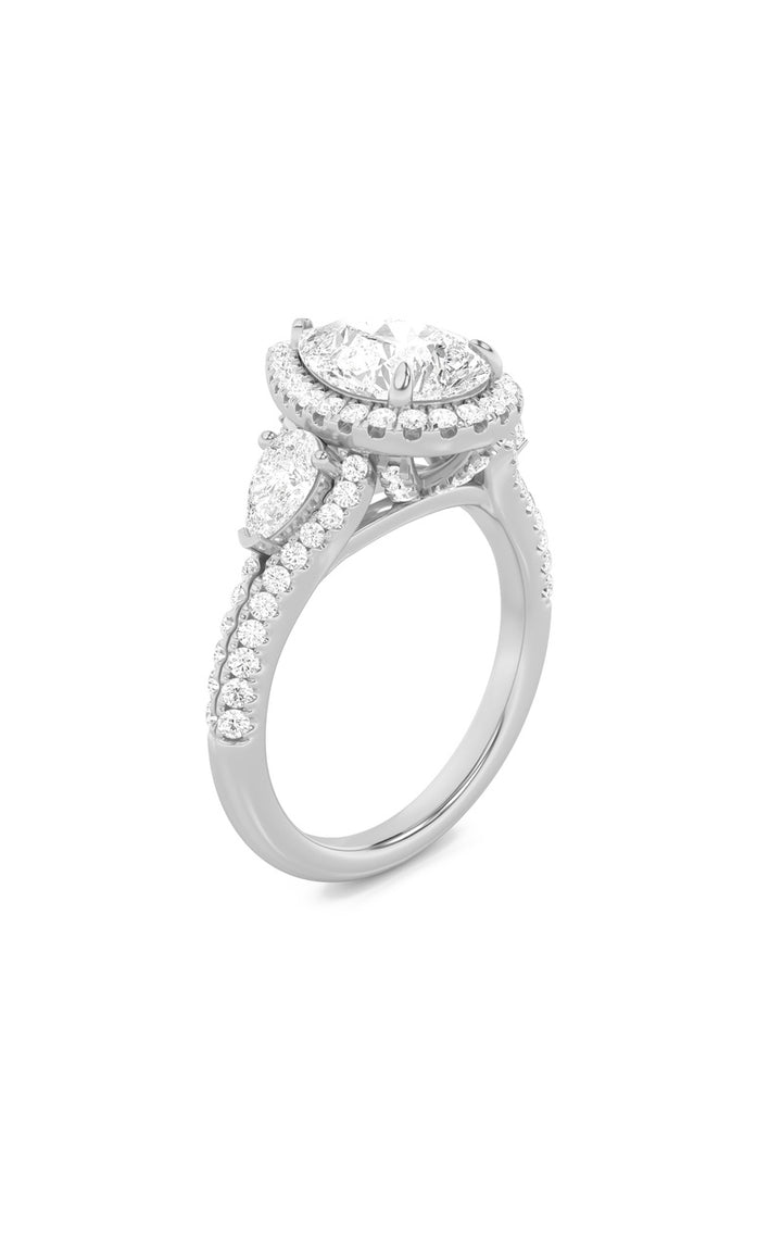 3CTW Pear Shaped Lab Grown Diamond (F/VS) Three Stone Bold Accented Engagement Ring in 14K Gold