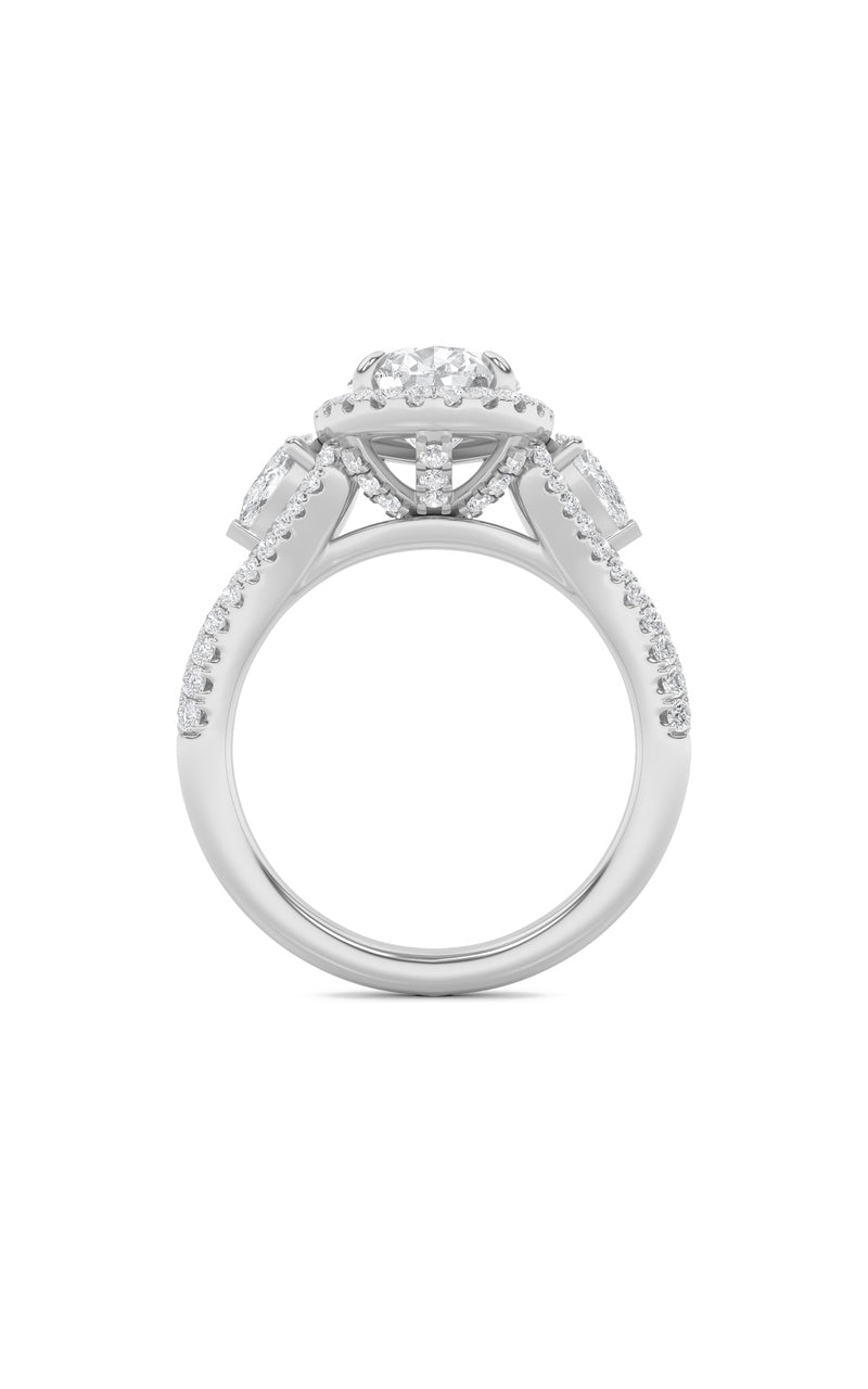 3CTW Pear Shaped Lab Grown Diamond (F/VS) Three Stone Bold Accented Engagement Ring in 14K Gold