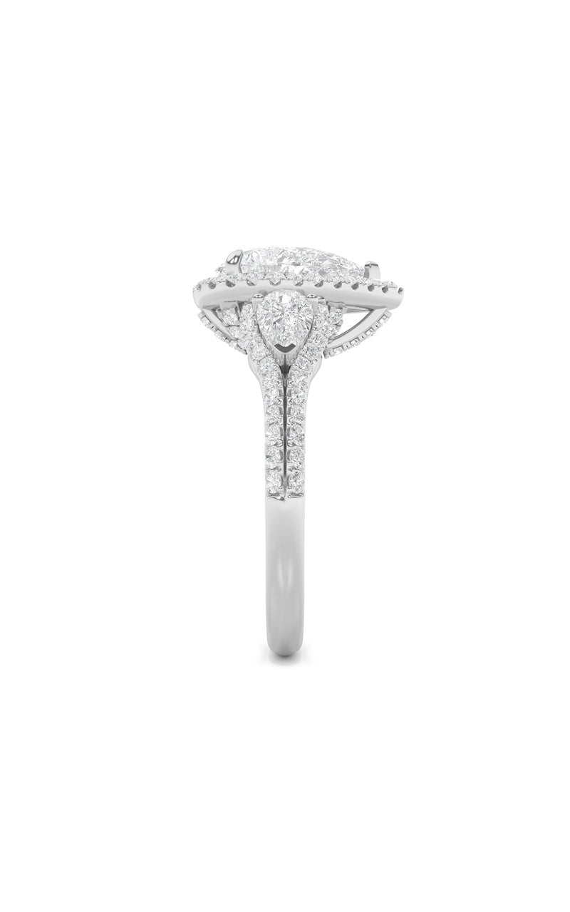 3CTW Pear Shaped Lab Grown Diamond (F/VS) Three Stone Bold Accented Engagement Ring in 14K Gold
