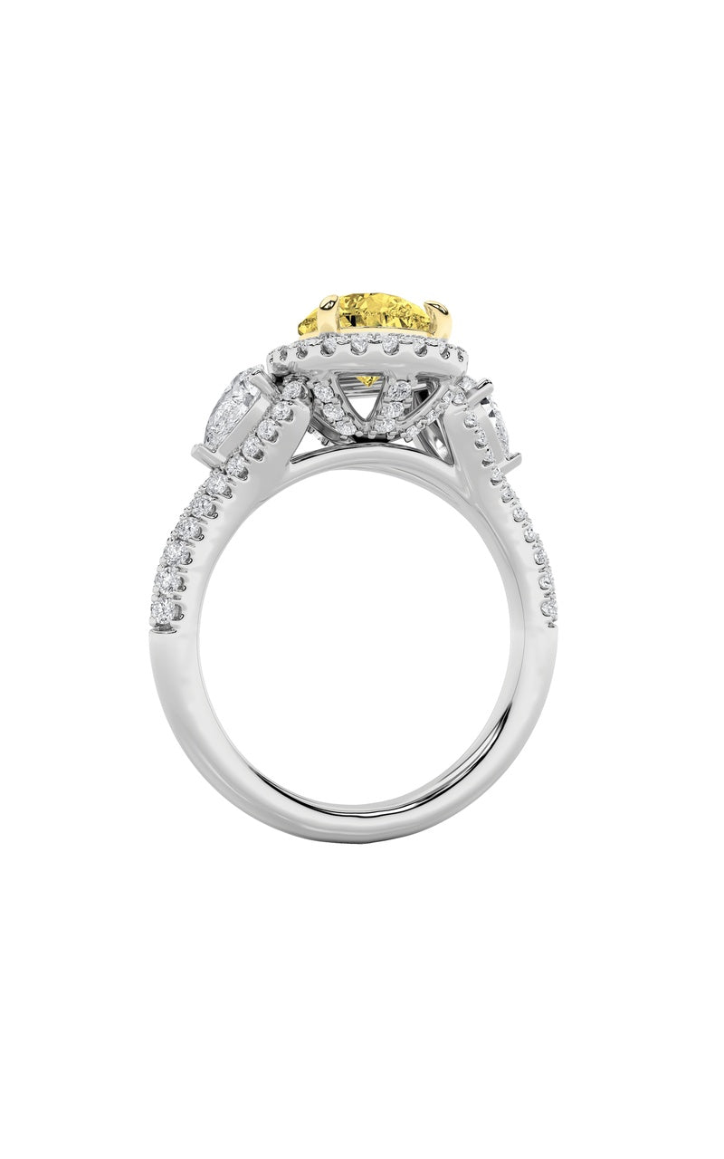 3Cttw Pear Shaped Lab Grown Diamond (F/VS) Three Stone Bold Accented Engagement Ring in 14K Gold