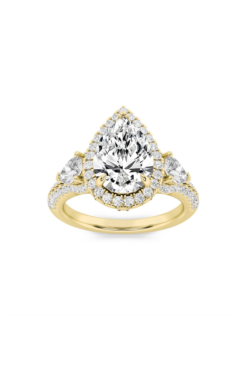 3CTW Pear Shaped Lab Grown Diamond (F/VS) Three Stone Bold Accented Engagement Ring in 14K Gold, 14K Yellow Gold