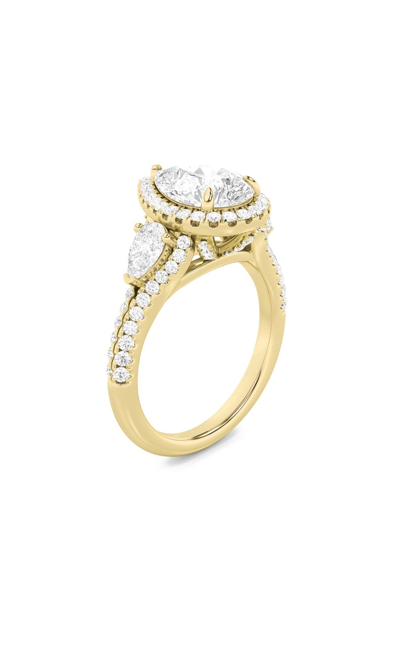 3CTW Pear Shaped Lab Grown Diamond (F/VS) Three Stone Bold Accented Engagement Ring in 14K Gold