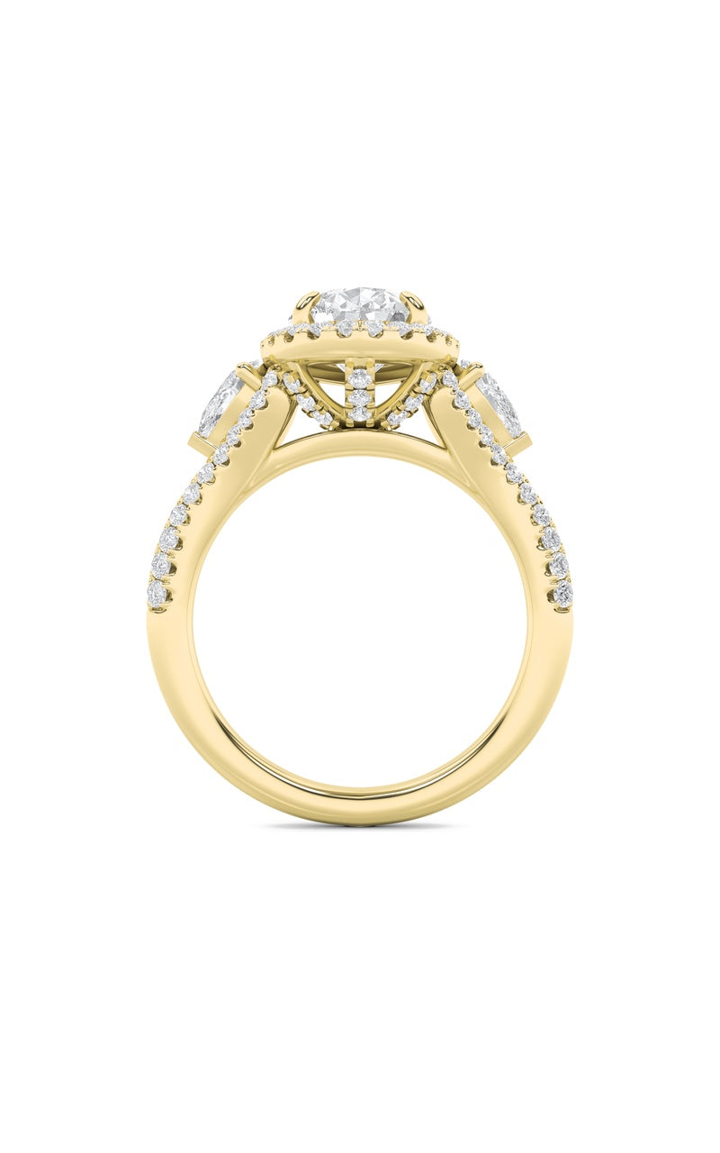 3CTW Pear Shaped Lab Grown Diamond (F/VS) Three Stone Bold Accented Engagement Ring in 14K Gold
