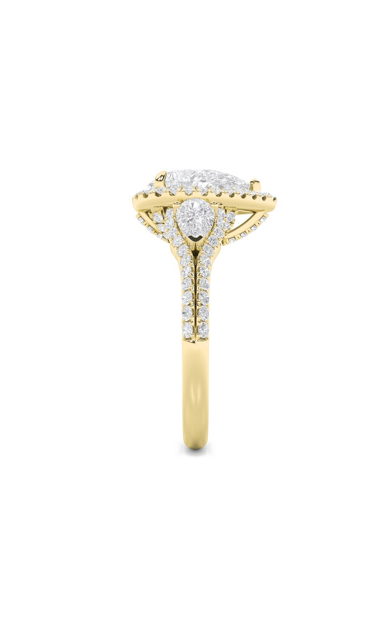 3CTW Pear Shaped Lab Grown Diamond (F/VS) Three Stone Bold Accented Engagement Ring in 14K Gold