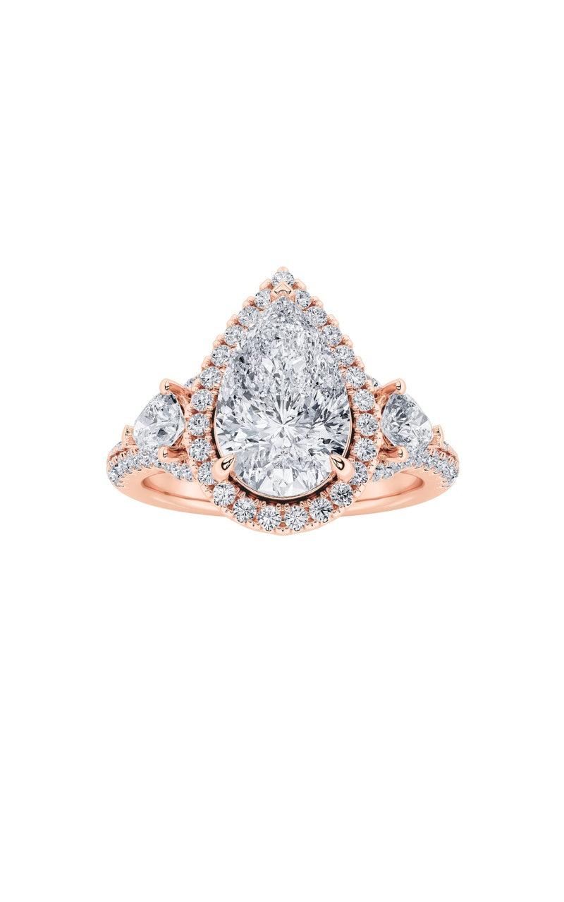 3CTW Pear Shaped Lab Grown Diamond (F/VS) Three Stone Bold Accented Engagement Ring in 14K Gold, 14K Rose Gold