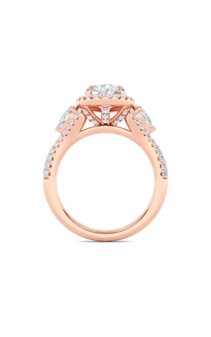 3Cttw Pear Shaped Lab Grown Diamond (F/VS) Three Stone Bold Accented Engagement Ring in 14K Gold