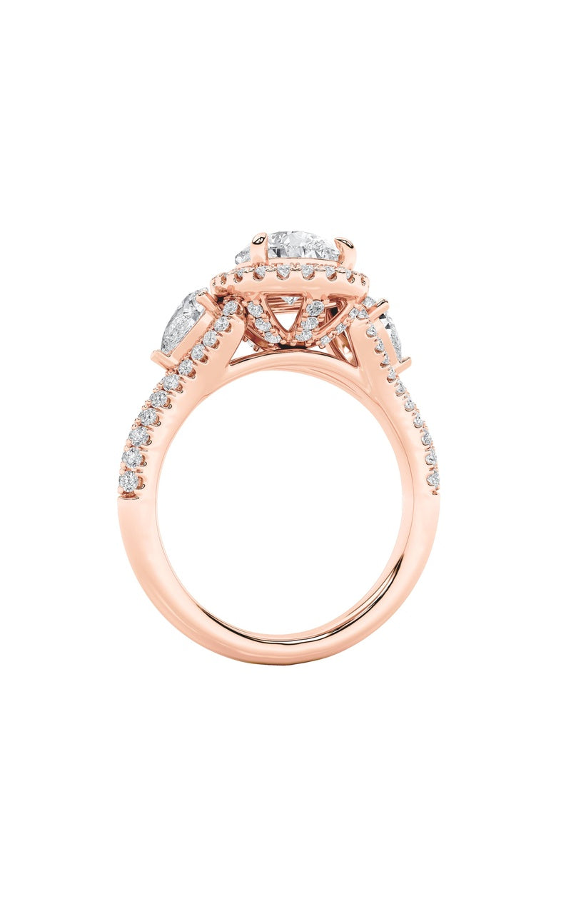 3CTW Pear Shaped Lab Grown Diamond (F/VS) Three Stone Bold Accented Engagement Ring in 14K Gold, 14K Rose Gold