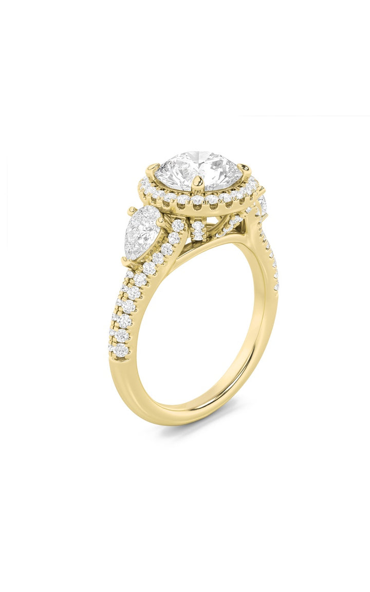 3CTW Round Shaped Lab Grown Diamond (F/VS) Three Stone Bold Accented Engagement Ring in 14K Gold