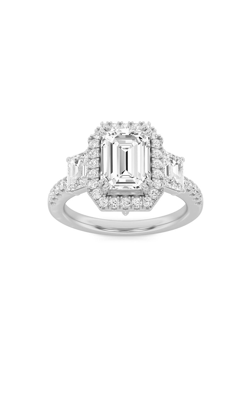 3CTW Emerald Shaped Lab Grown Diamond (G/VS) Three Stone Accented Engagement Ring in 14K Gold, 14K White Gold