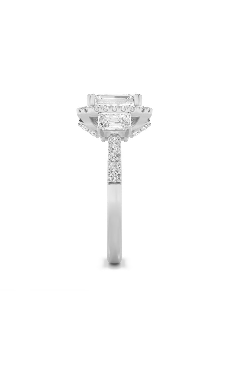 3CTW Emerald Shaped Lab Grown Diamond (G/VS) Three Stone Accented Engagement Ring in 14K Gold