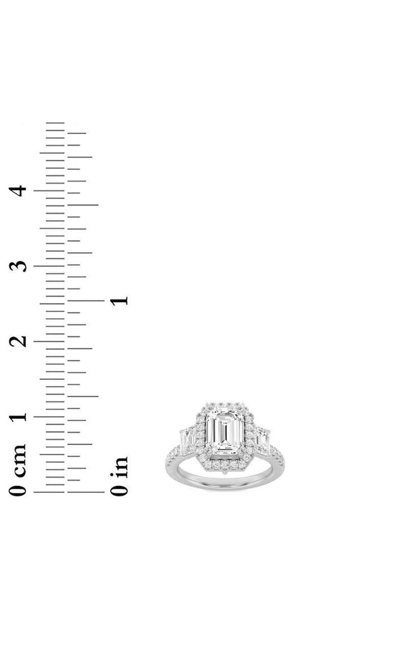 3CTW Emerald Shaped Lab Grown Diamond (G/VS) Three Stone Accented Engagement Ring in 14K Gold, 14K White Gold