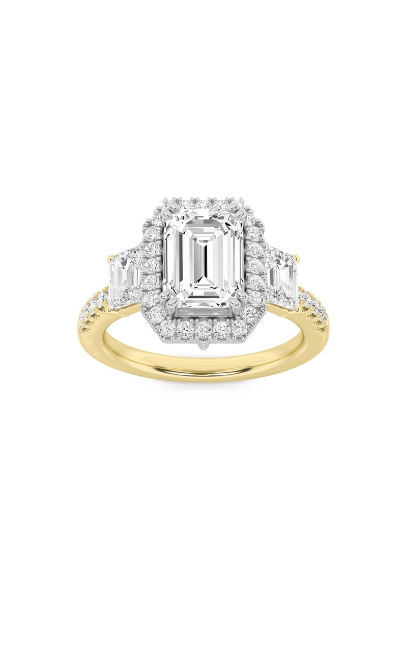 3Cttw Emerald Shaped Lab Grown Diamond (G/VS) Three Stone Accented Engagement Ring in 14K Gold