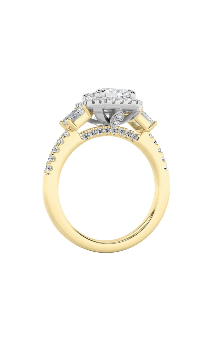 3Cttw Emerald Shaped Lab Grown Diamond (G/VS) Three Stone Accented Engagement Ring in 14K Gold