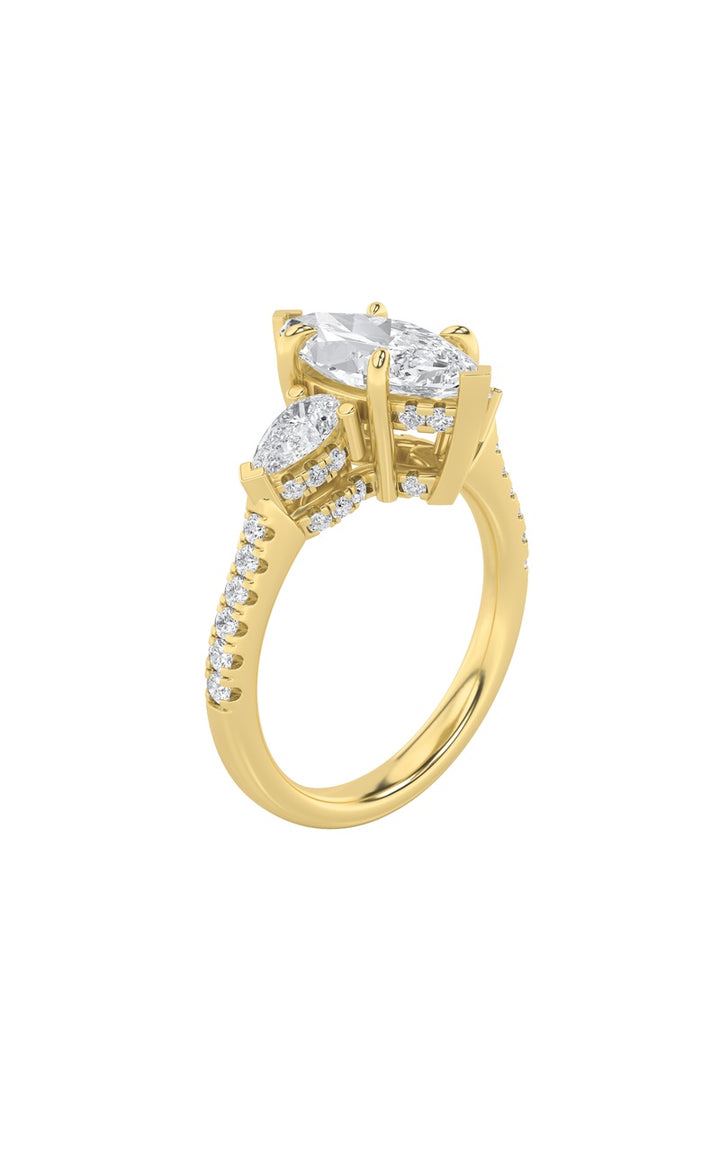 3CTW Marquise Shaped Lab Grown Diamond (F/VS) Three Stone Accented Engagement Ring in 14K Gold