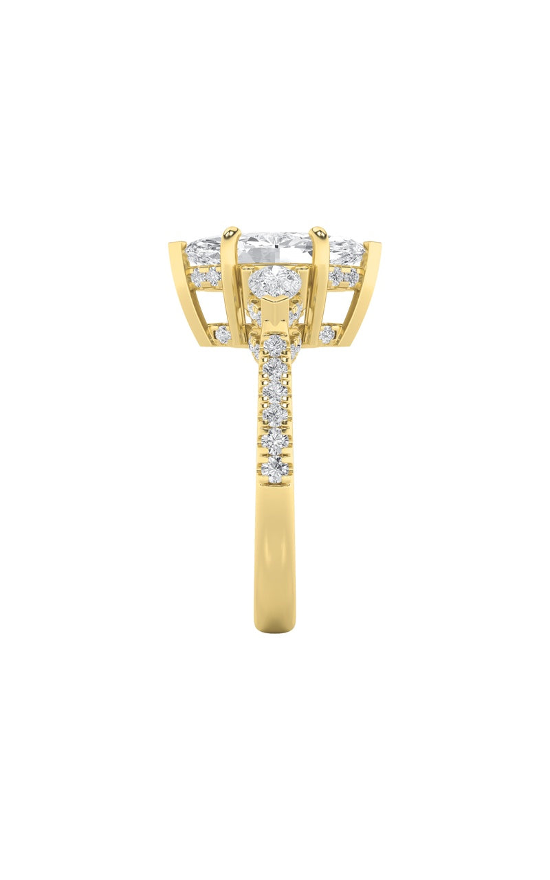3CTW Marquise Shaped Lab Grown Diamond (F/VS) Three Stone Accented Engagement Ring in 14K Gold