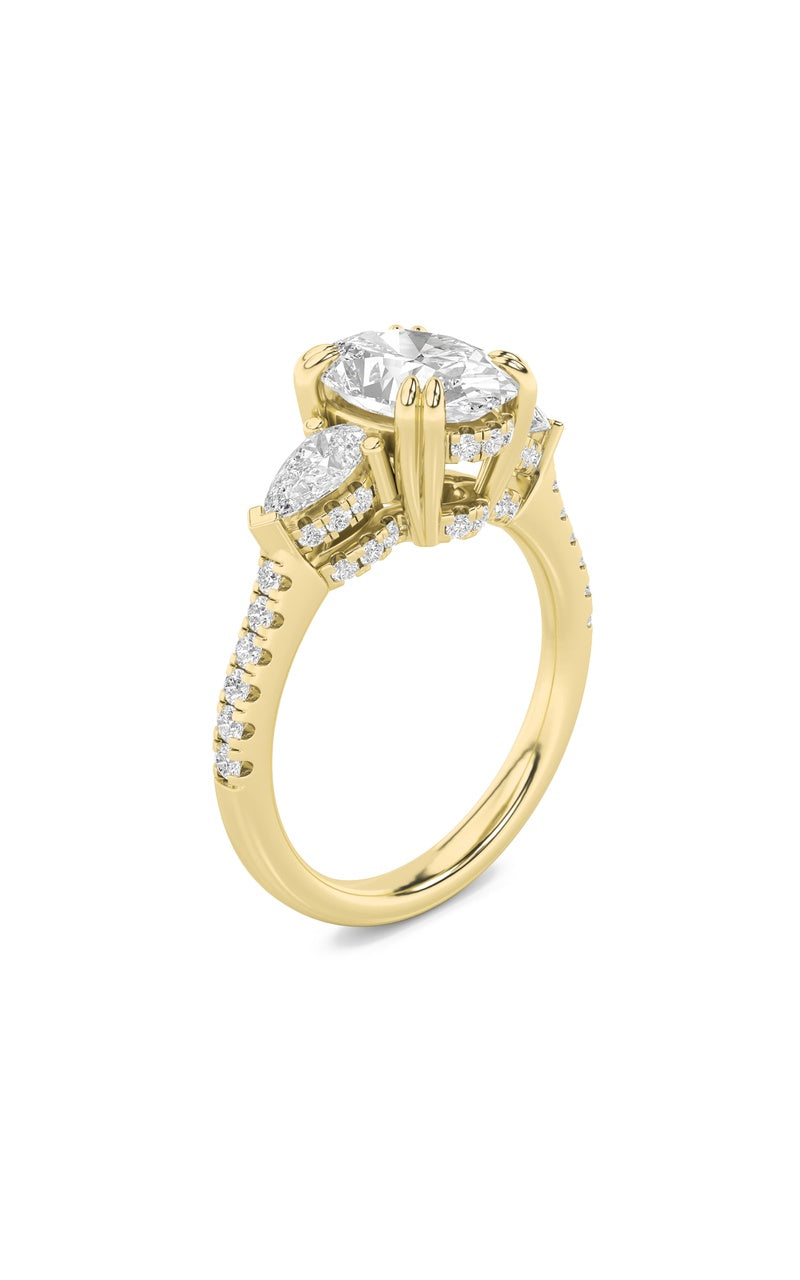 3CTW Oval Shaped Lab Grown Diamond (F/VS) Three Stone Accented Engagement Ring in 14K Gold