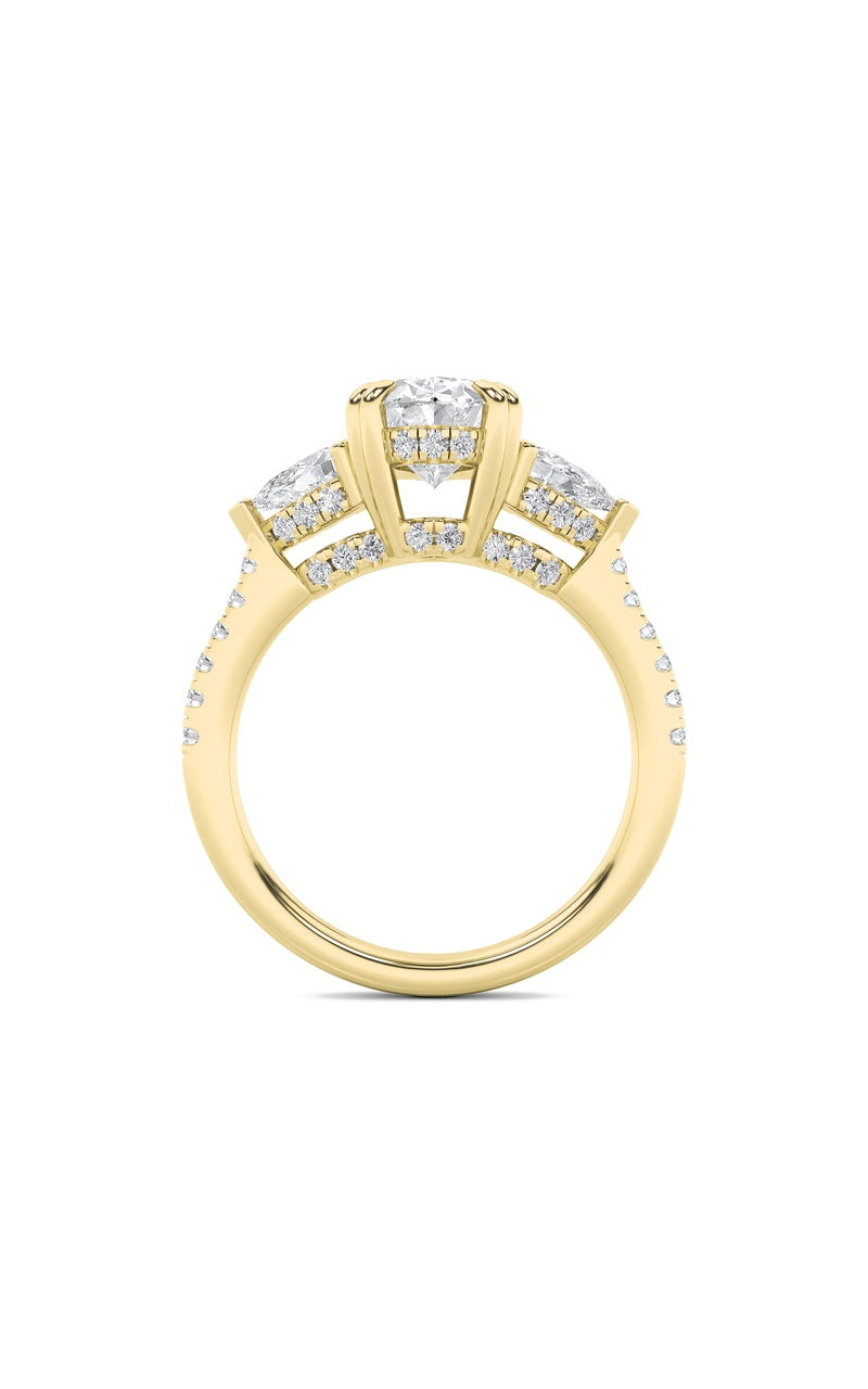 3CTW Oval Shaped Lab Grown Diamond (F/VS) Three Stone Accented Engagement Ring in 14K Gold