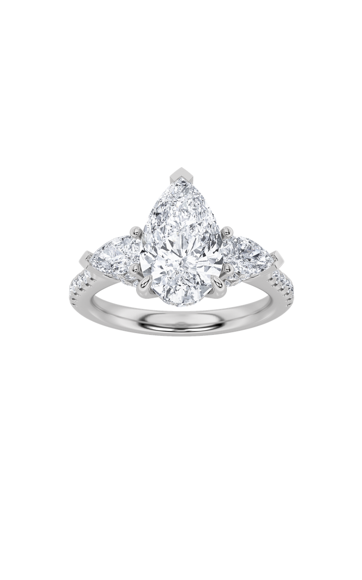 3CTW Pear Shaped Lab Grown Diamond (F/VS) Three Stone Accented Engagement Ring in 14K Gold