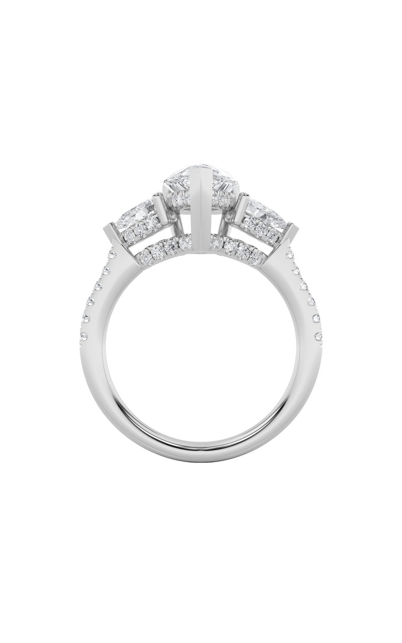 3CTW Pear Shaped Lab Grown Diamond (F/VS) Three Stone Accented Engagement Ring in 14K Gold
