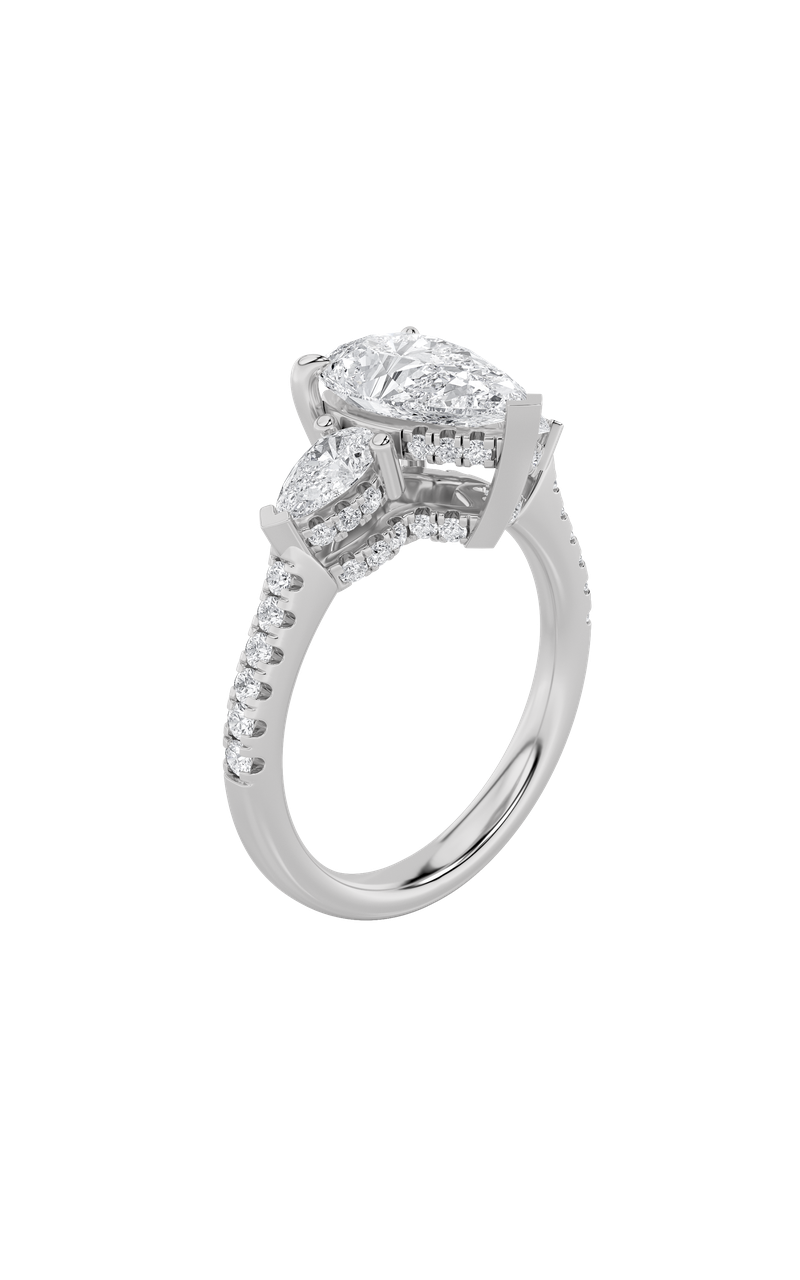 3CTW Pear Shaped Lab Grown Diamond (F/VS) Three Stone Accented Engagement Ring in 14K Gold