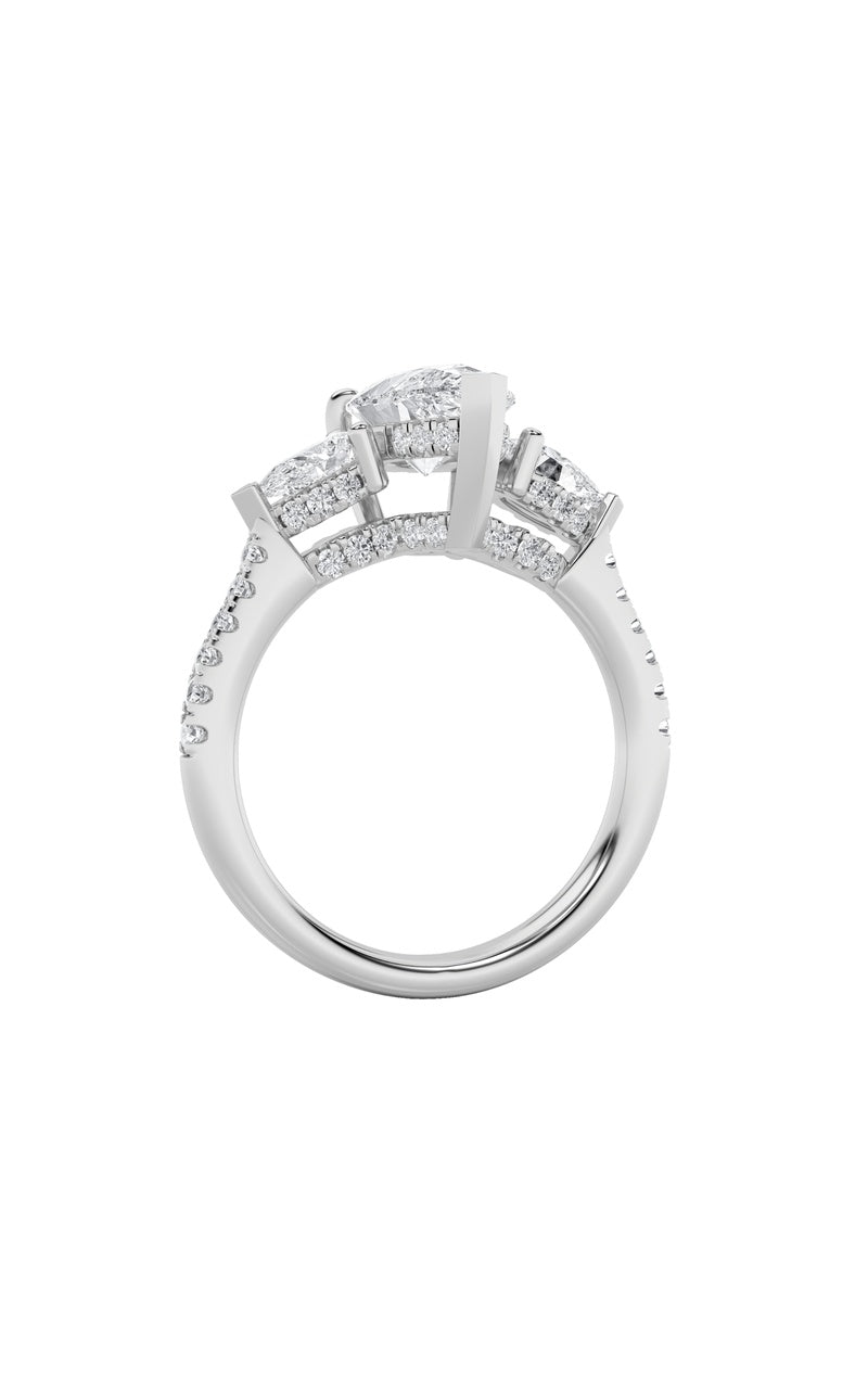 3CTW Pear Shaped Lab Grown Diamond (F/VS) Three Stone Accented Engagement Ring in 14K Gold