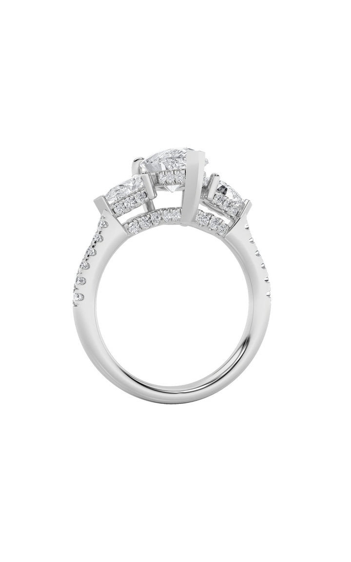 3CTW Pear Shaped Lab Grown Diamond (F/VS) Three Stone Accented Engagement Ring in 14K Gold