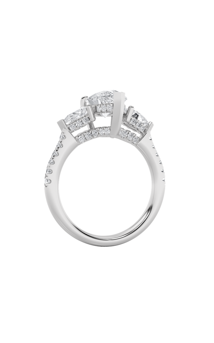 3CTW Pear Shaped Lab Grown Diamond (F/VS) Three Stone Accented Engagement Ring in 14K Gold