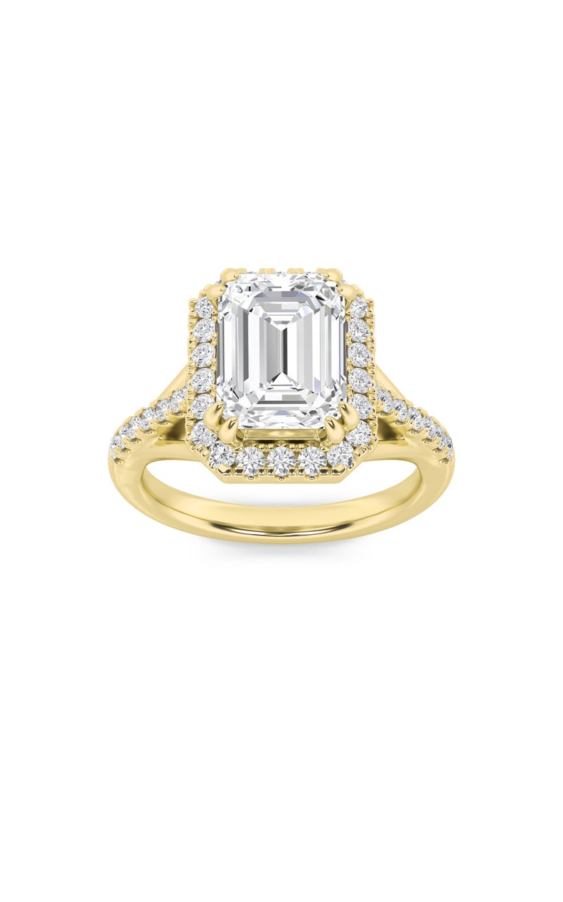 3Cttw Emerald Shaped Lab Grown Diamond (F/VS) HaloAccented Engagement Ring in 14K Gold