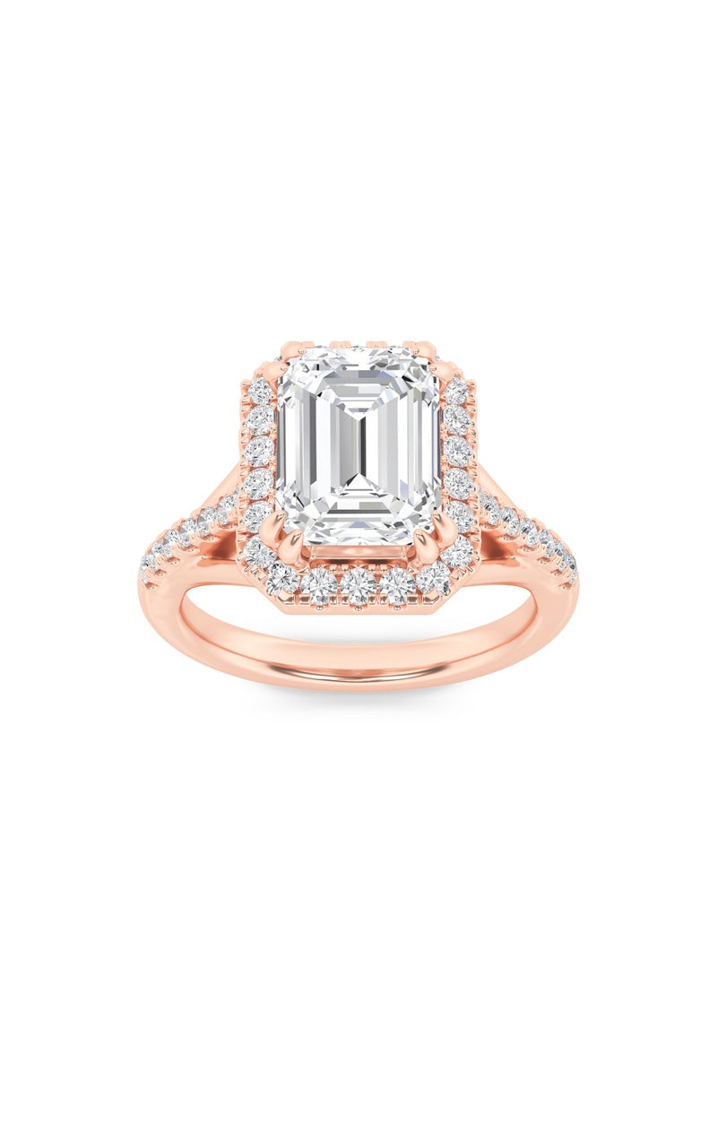 3CTW Emerald Shaped Lab Grown Diamond (F/VS) Halo Accented Engagement Ring in 14K Gold