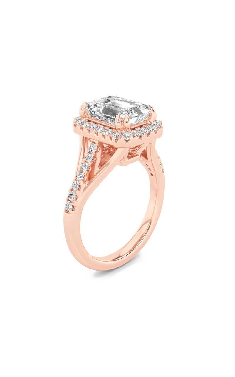 3CTW Emerald Shaped Lab Grown Diamond (F/VS) Halo Accented Engagement Ring in 14K Gold