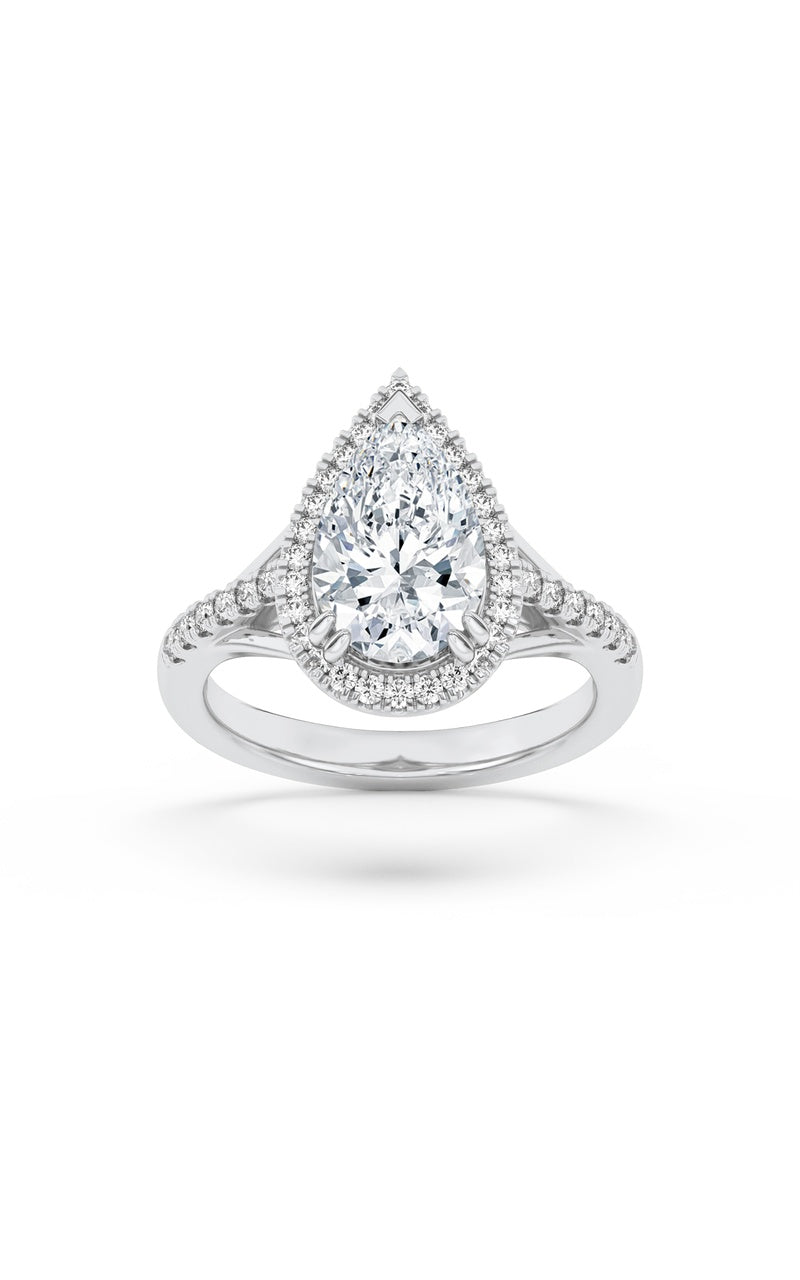 3Cttw Pear Shaped Lab Grown Diamond (F/VS) Halo Accented Engagement Ring in 14K Gold