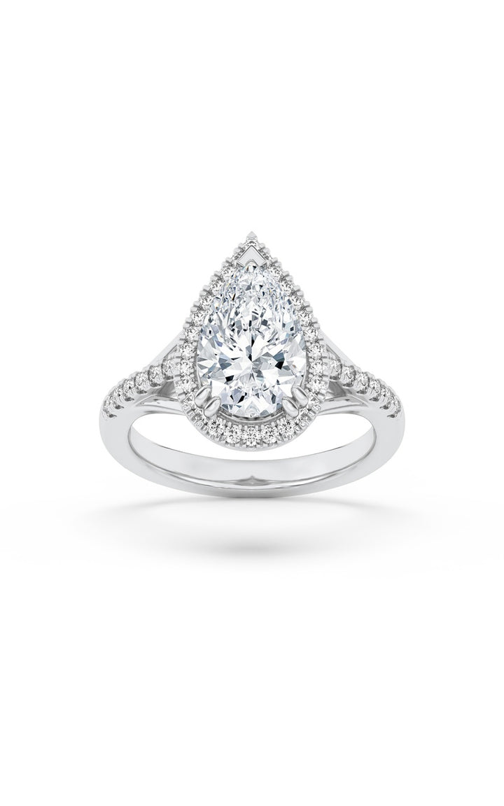 3Cttw Pear Shaped Lab Grown Diamond (F/VS) Halo Accented Engagement Ring in 14K Gold