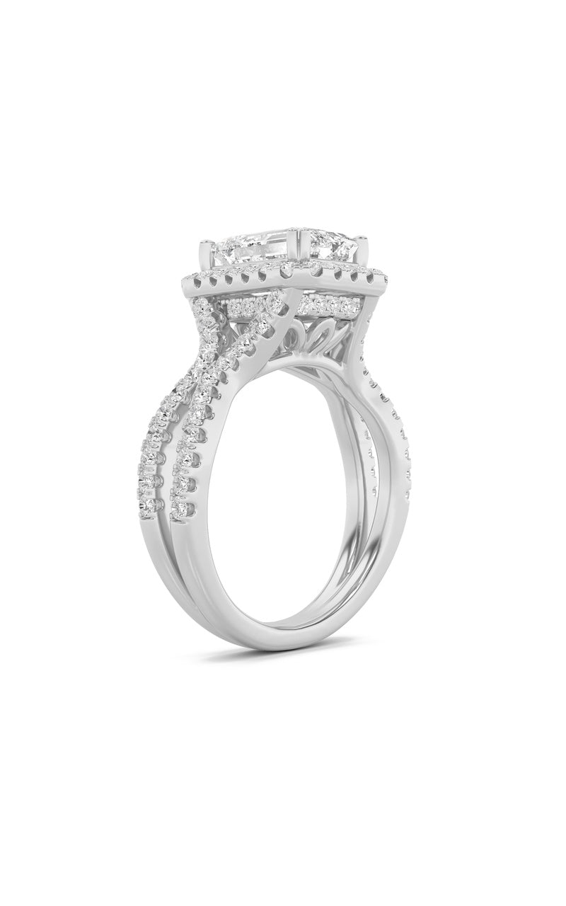 4Cttw Emerald Shaped Lab Grown Diamond (F/VS) Split Shank Halo Engagement Ring in 14K Gold
