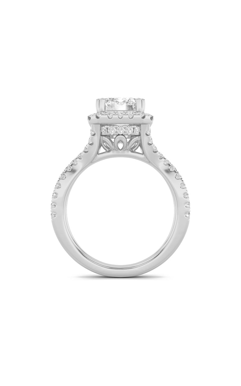 4Cttw Emerald Shaped Lab Grown Diamond (F/VS) Split Shank Halo Engagement Ring in 14K Gold