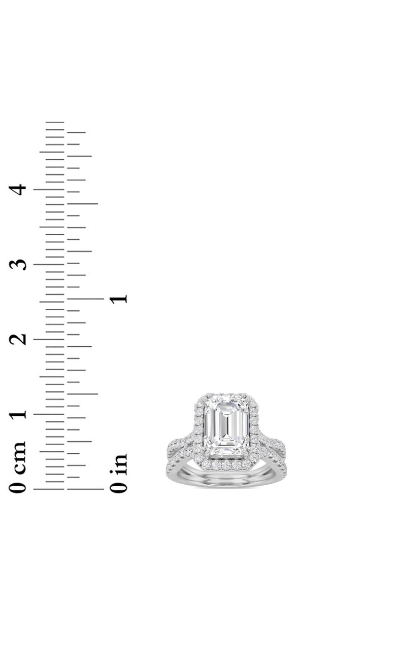 4CTW Emerald Shaped Lab Grown Diamond (F/VS) Split Shank Halo Engagement Ring in 14K Gold