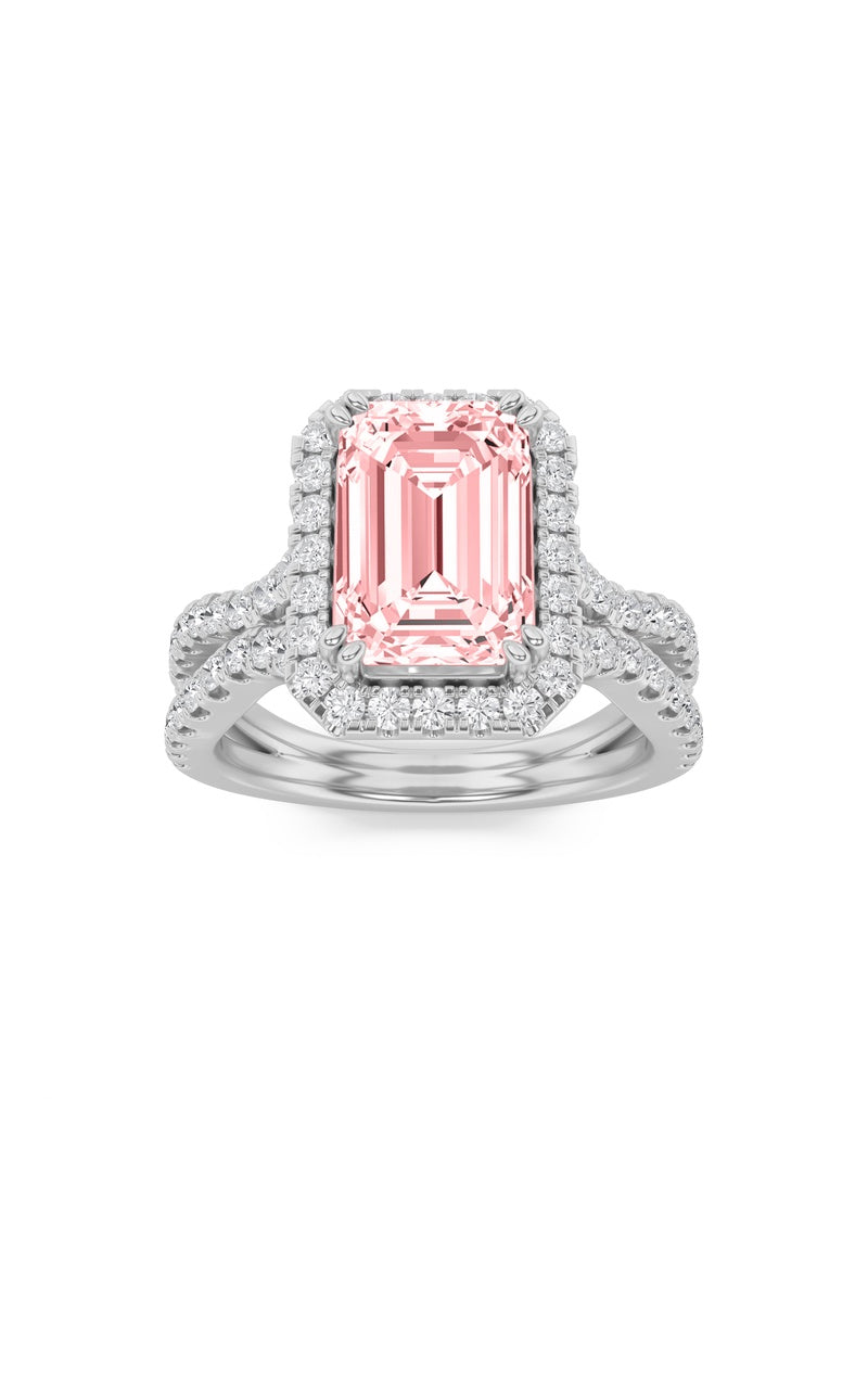 4Cttw Emerald Shaped Lab Grown Diamond (F/VS) Split Shank Halo Engagement Ring in 14K Gold