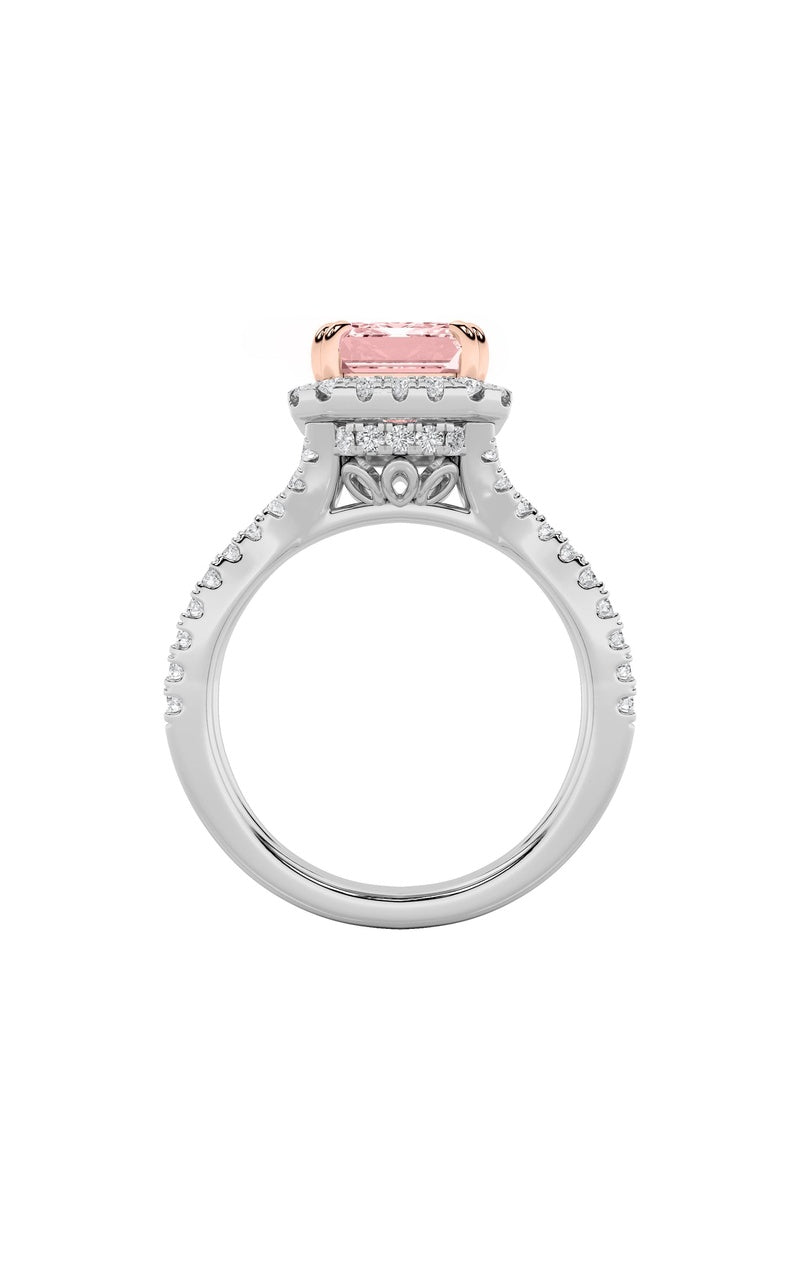 4Cttw Emerald Shaped Lab Grown Diamond (F/VS) Split Shank Halo Engagement Ring in 14K Gold